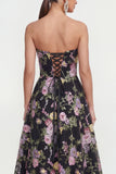 Strapless Black Pink Flower A Line Midi Dress with Pockets