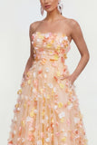 Champagne Strapless A Line Midi Dress with 3D Flowers