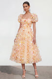 Champagne A Line Puff Sleeves Lace Up Back Floral Dress with 3D Flowers