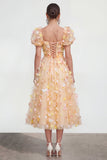 Champagne A Line Puff Sleeves Lace Up Back Floral Dress with 3D Flowers