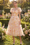 Champagne A Line Puff Sleeves Lace Up Back Floral Dress with 3D Flowers