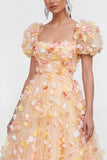 Champagne A Line Puff Sleeves Lace Up Back Floral Dress with 3D Flowers