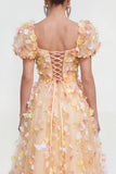 Champagne A Line Puff Sleeves Lace Up Back Floral Dress with 3D Flowers