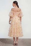 Off The Shoulder Champagne A Line 3D Flowers Midi Floral Dress with Appliques