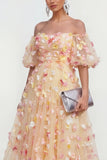 Off The Shoulder Champagne A Line 3D Flowers Midi Floral Dress with Appliques
