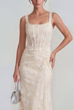 Lilac Sheath Sheer Corset Square Neck Midi Floral Dress with Lace Up Back