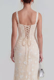 Lilac Sheath Sheer Corset Square Neck Midi Floral Dress with Lace Up Back