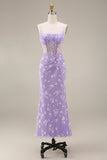 Lilac Sheath Sheer Corset Square Neck Midi Floral Dress with Lace Up Back