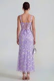 Lilac Sheath Sheer Corset Square Neck Midi Floral Dress with Lace Up Back
