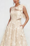 Pink Floral A-Line Bowed Round Neck Midi Dress with Pockets