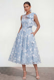 Pink Floral A-Line Bowed Round Neck Midi Dress with Pockets