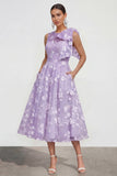 Pink Floral A-Line Bowed Round Neck Midi Dress with Pockets