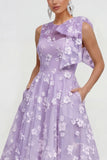 Pink Floral A-Line Bowed Round Neck Midi Dress with Pockets