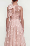 Pink Floral A-Line Bowed Round Neck Midi Dress with Pockets