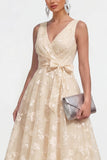 Lilac A-Line V-Neck Midi Floral Dress with Bow