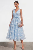 Lilac A-Line V-Neck Midi Floral Dress with Bow