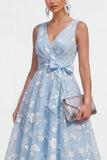 Lilac A-Line V-Neck Midi Floral Dress with Bow