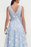 Lilac A-Line V-Neck Midi Floral Dress with Bow