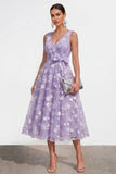 Lilac A-Line V-Neck Midi Floral Dress with Bow