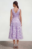 Lilac A-Line V-Neck Midi Floral Dress with Bow