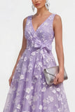Lilac A-Line V-Neck Midi Floral Dress with Bow