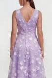 Lilac A-Line V-Neck Midi Floral Dress with Bow