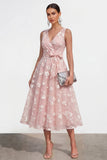 Lilac A-Line V-Neck Midi Floral Dress with Bow