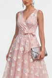 Lilac A-Line V-Neck Midi Floral Dress with Bow