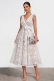 Lilac A-Line V-Neck Midi Floral Dress with Bow