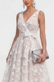 Lilac A-Line V-Neck Midi Floral Dress with Bow