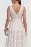 Lilac A-Line V-Neck Midi Floral Dress with Bow
