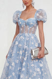 Blue Floral A-Line Lace Up Back Midi Dress with Puff Sleeves