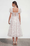 Blue Floral A-Line Lace Up Back Midi Dress with Puff Sleeves