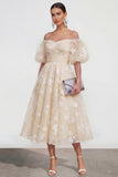 Off The Shoulder A-Line Pink Midi Floral Dress with Lace Up Back