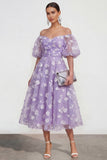 Off The Shoulder A-Line Pink Midi Floral Dress with Lace Up Back