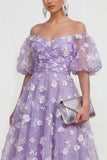 Off The Shoulder A-Line Pink Midi Floral Dress with Lace Up Back