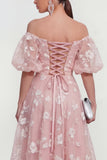 Off The Shoulder A-Line Pink Midi Floral Dress with Lace Up Back