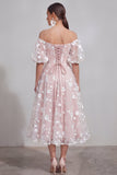 Off The Shoulder A-Line Pink Midi Floral Dress with Lace Up Back