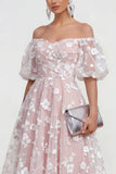 Off The Shoulder A-Line Pink Midi Floral Dress with Lace Up Back