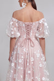 Off The Shoulder A-Line Pink Midi Floral Dress with Lace Up Back