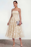 Strapless A-Line Midi Lilac Floral Dress with Pockets