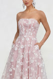Strapless A-Line Midi Lilac Floral Dress with Pockets