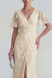 Blue Sheath Short Sleeves Long Floral Dress with Slit