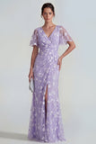 Blue Sheath Short Sleeves Long Floral Dress with Slit