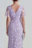 Blue Sheath Short Sleeves Long Floral Dress with Slit