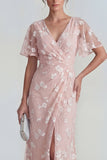 Blue Sheath Short Sleeves Long Floral Dress with Slit