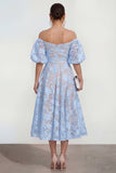 Off The Shoulder A-Line Midi Pink Floral Dress with Puff Sleeves