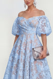 Off The Shoulder A-Line Midi Pink Floral Dress with Puff Sleeves