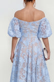 Off The Shoulder A-Line Midi Pink Floral Dress with Puff Sleeves