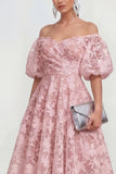 Off The Shoulder A-Line Midi Pink Floral Dress with Puff Sleeves